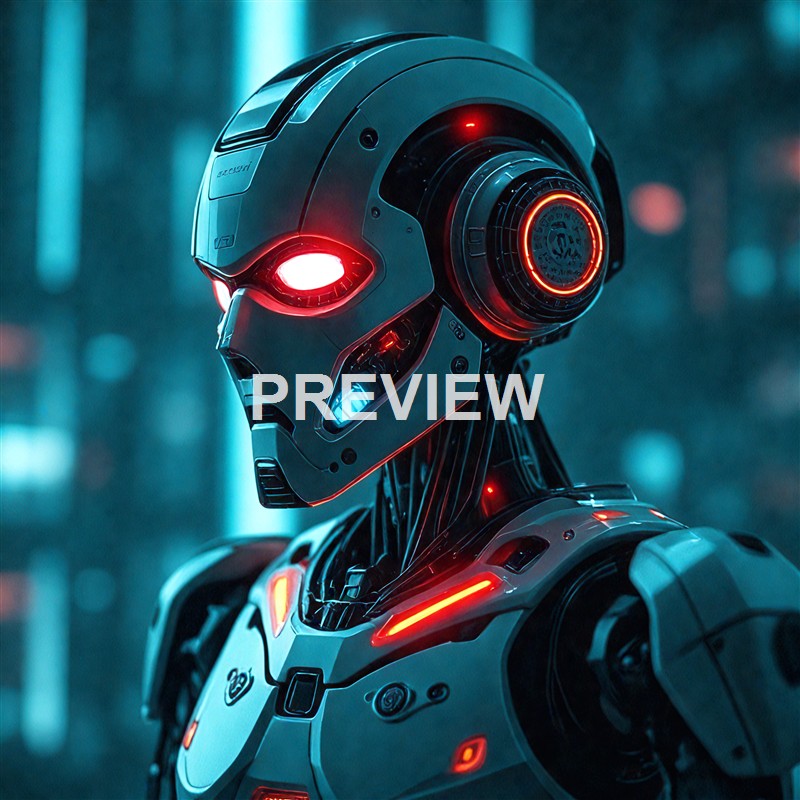 A highly detailed futuristic robot with glowing red eyes and various illuminated components, set against a dark, urban background.
